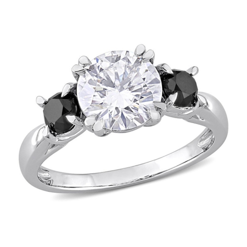 GEM AND HARMONY  1.85 Carat (Ctw) Lab-Created Three-Stone Moissanite Engagement Ring In 10K Gold With Black Diamonds In White