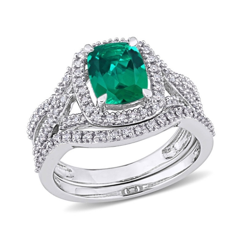 GEM AND HARMONY  2.00 Carat (Ctw) Lab-Created Emerald Bridal Wedding Ring Set 10K With Diamonds In Gold
