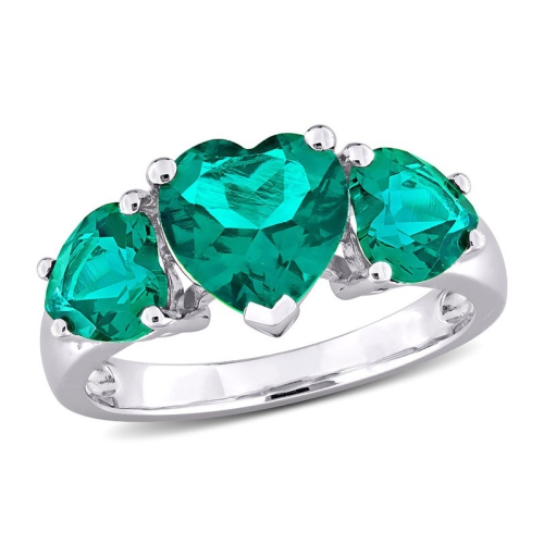 GEM AND HARMONY  3.00 Carat (Ctw) Lab-Created Three Stone Emerald Heart Ring In Sterling In Silver