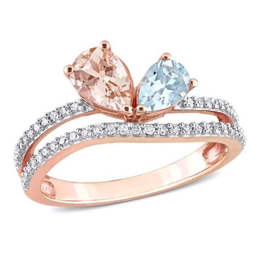 GEM AND HARMONY  1.15 Carat (Ctw) Morganite & Aquamarine Ring In 10K Rose With Diamonds In Gold