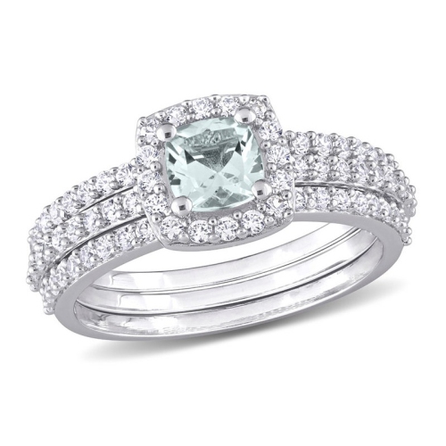 GEM AND HARMONY  1.33 Carat (Ctw) Aquamarine And Lab-Created Sapphire Engagement Ring & Wedding Band Set Sterling Silver In White