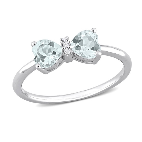 3/4 Carat Light Aquamarine Twin Heart Bow Ring in Sterling Silver