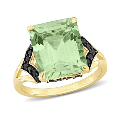 GEM AND HARMONY  5.81 Carat (Ctw) Green Quartz And Black Sapphire Ring In Sterling Silver In Yellow