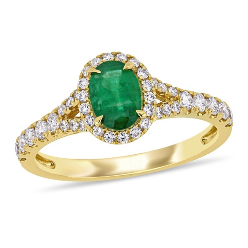 GEM AND HARMONY  3/4 Carat (Ctw) Oval-Cut Emerald Halo Ring In 14K Gold With Diamonds In Yellow