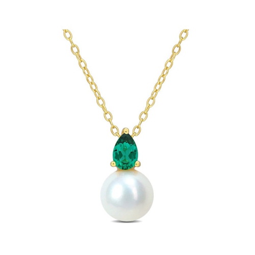GEM AND HARMONY  8.5-9MM Freshwater Cultured Drop Pearl Pendant Necklace With Lab-Created Emerald Sterling Silver With Chain In Yellow