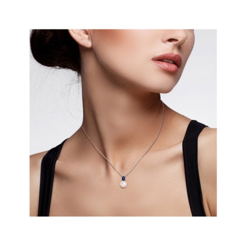 8.5-9mm Freshwater Cultured Drop Pearl Pendant Necklace with Lab-Created Blue Sapphire Sterling Silver with Chain