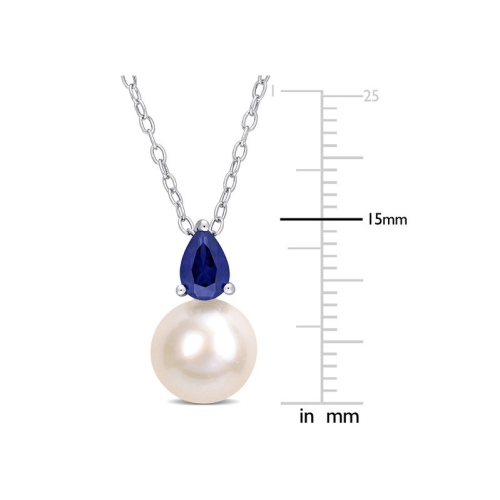 8.5-9mm Freshwater Cultured Drop Pearl Pendant Necklace with Lab-Created Blue Sapphire Sterling Silver with Chain