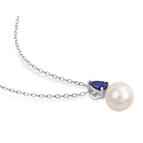 8.5-9mm Freshwater Cultured Drop Pearl Pendant Necklace with Lab-Created Blue Sapphire Sterling Silver with Chain