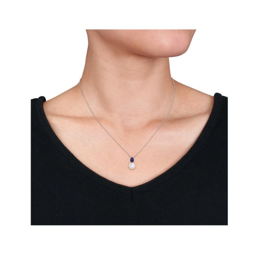 8.5-9mm Freshwater Cultured Drop Pearl Pendant Necklace with Lab-Created Blue Sapphire Sterling Silver with Chain