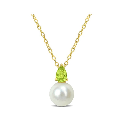 8.5-9mm Freshwater Cultured Drop Pearl Pendant Necklace with Peridot Yellow Sterling Silver with Chain