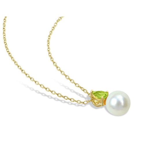 8.5-9mm Freshwater Cultured Drop Pearl Pendant Necklace with Peridot Yellow Sterling Silver with Chain