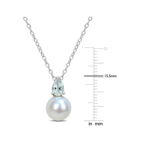 8.5-9mm Freshwater Cultured Drop Pearl Pendant Necklace with Aquamarine Sterling Silver with Chain