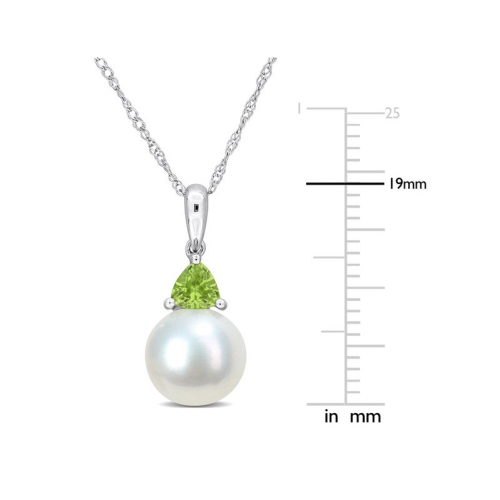 Collier en or blanc 10K ct avec chaîne et pendentif à perle de culture d'eau douce 8-8,5&nbsp;mm avec péridot