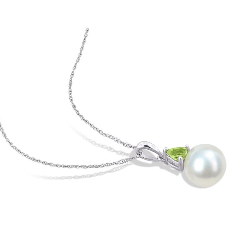 Collier en or blanc 10K ct avec chaîne et pendentif à perle de culture d'eau douce 8-8,5&nbsp;mm avec péridot