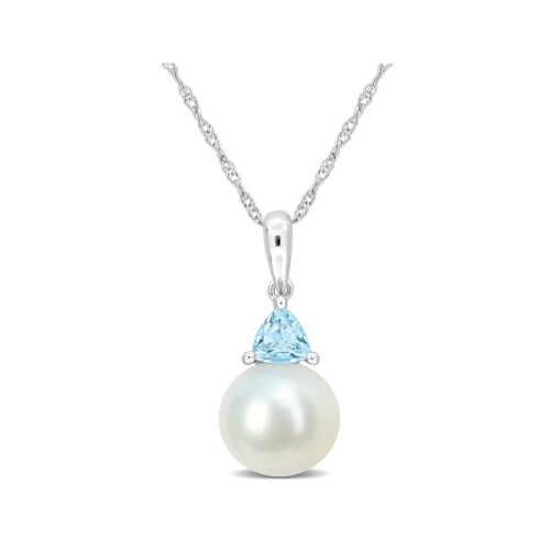 8-8.5mm Freshwater Cultured Drop Pearl Pendant Necklace with Blue Topaz in 10K White Gold with Chain