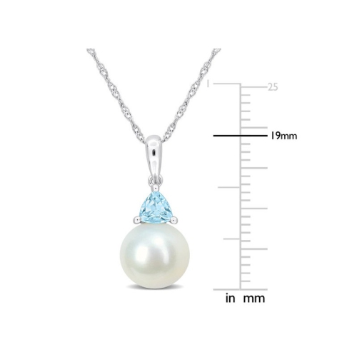 8-8.5mm Freshwater Cultured Drop Pearl Pendant Necklace with Blue Topaz in 10K White Gold with Chain