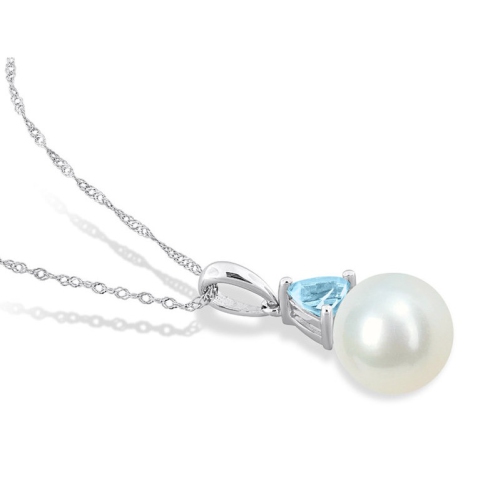 8-8.5mm Freshwater Cultured Drop Pearl Pendant Necklace with Blue Topaz in 10K White Gold with Chain