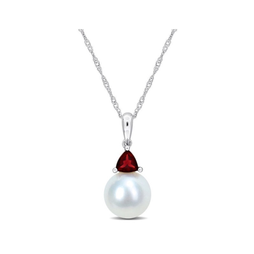 GEM AND HARMONY  8-8.5MM Freshwater Cultured Drop Pearl Pendant Necklace With Garnet In 10K Gold With Chain In White