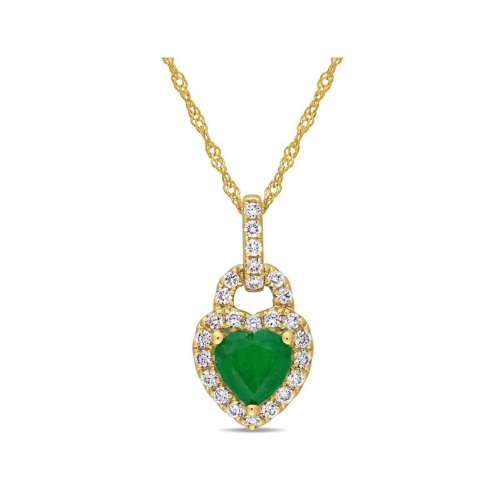 GEM AND HARMONY  2/3 Carat (Ctw) Emerald Heart Pendant Necklace In 14K Gold With Diamonds And Chain In Yellow