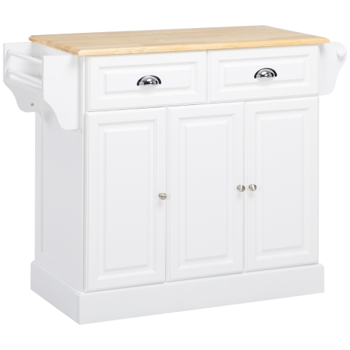 Image 1 of 9.. HOMCOM Kitchen Island on Wheels, Rolling Kitchen Cart with Rubber Wood Top, Towel Rack, Spice Rack, Storage Drawer and Cabinet, White
