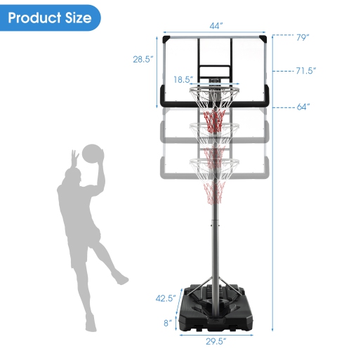 Costway 64"-79" Height Adjustable Poolside Basketball Hoop Goal System with44" Backboard