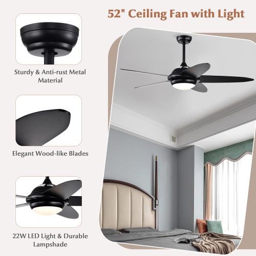 Costway 52" Ceiling Fan with LED Lights & Remote Control 1/2/4/8H Timer & 3 Fan Speeds