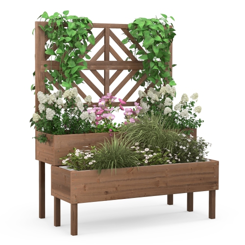 COSTWAY  2-Tier Raised Garden Bed With Trellis Wooden Elevated Planter Box for Vegetables