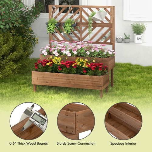 Costway 2-Tier Raised Garden Bed with Trellis Wooden Elevated Planter Box for Vegetables