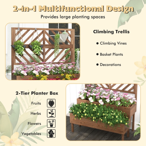 Costway 2-Tier Raised Garden Bed with Trellis Wooden Elevated Planter Box for Vegetables