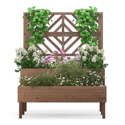 Costway 2-Tier Raised Garden Bed with Trellis Wooden Elevated Planter Box for Vegetables