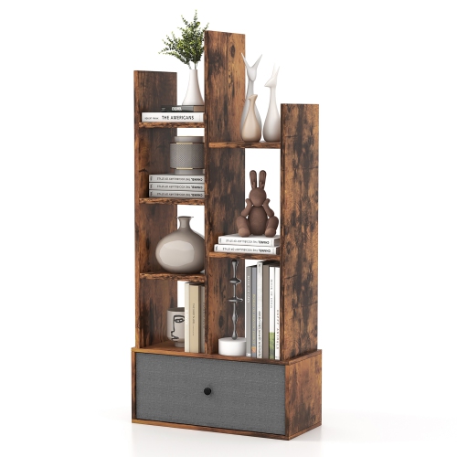 COSTWAY  Industrial Bookshelf Rustic Wooden Shelf Organizer With Non-Woven Fabric Drawer