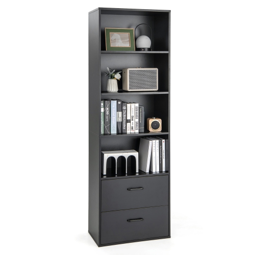 COSTWAY  6-Tier Tall Bookshelf Freestanding Modern Bookcase Black Storage Cabinet