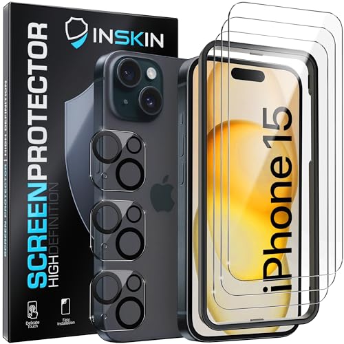 Inskin Screen Protector for iPhone 15 - 3+3 Tempered Glass for Screen & Camera Lens, Auto-Align Installation, Ultra HD, Long-Lasting Plasma Coating,