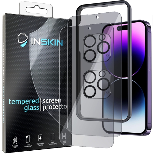 Inskin Privacy Screen Protector for iPhone 14 Pro Max - 2+2 Pack Tempered Glass for Screen and Camera Lens