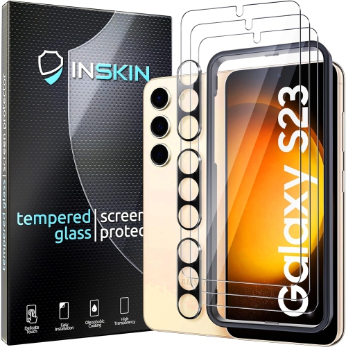 Inskin Screen Protector for Samsung Galaxy S23 5G - 3+3 Tempered Glass for Screen & Camera Lens, Auto-Align Installation, Plasma Coating, Fingerprint