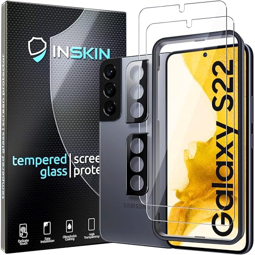 Inskin Screen Protector for Samsung Galaxy S22 5G - 2+2 Tempered Glass for Screen & Camera Lens, Auto-Align Installation, Plasma Coating, Fits Cases