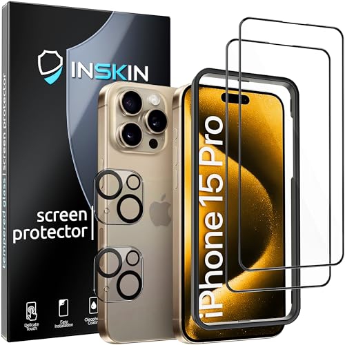 Inskin Anti Glare Screen Protector for iPhone 15 Pro - 2+2 Matte for Screen & Ultra HD for Camera Lens Tempered Glass, Auto-Align Installation