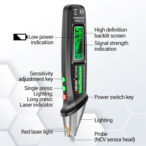 Capteur de tension d'axGear sensibilité du stylo du testeur électrique CA sans contact 12-1000 V