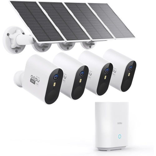 Aosu C7P-4H 3MP 4pcs Solar-Powered Dual Band Wi-Fi Cameras with Spotlight,166° Wide-angle Lens AI, 2-Way Audio Function and 32GB Local Storage Box