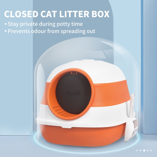 PawHut Foldable Large Cat Litter Box with Lid, Covered Kitten Litter Box w/ Automatic Cat Litter-Proof Sides, Deodorization, Easy to Clean, White and