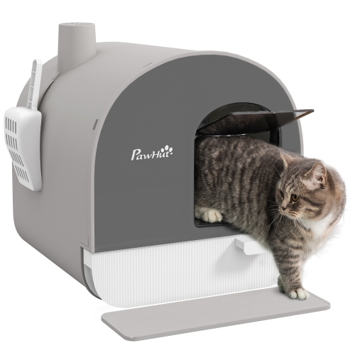 Image 1 de 9.. PawHut – grande boîte à litière pour chats avec couvercle, boîte à litière pour chats fermée avec plateau coulissant, cuillère, filtre, gris pâle