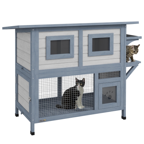 PAWHUT  Outdoor Cat House, 2 Tier Wooden Feral Cat Shelter \w Escape Door, Weatherproof Roof, Jump Platform, Observer Windows, for 1-2 Cats, Outside