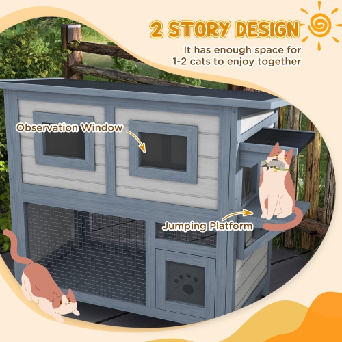 PawHut Outdoor Cat House, 2 Tier Wooden Feral Cat Shelter with Escape Door, Weatherproof Roof, Jump platform, Observer Windows, for 1-2 Cats, Outside