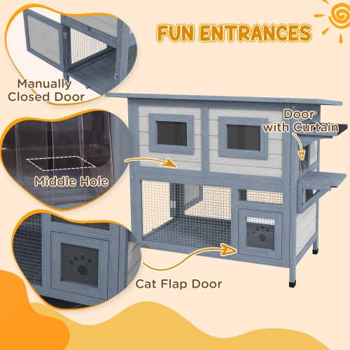 PawHut Outdoor Cat House, 2 Tier Wooden Feral Cat Shelter with Escape Door, Weatherproof Roof, Jump platform, Observer Windows, for 1-2 Cats, Outside