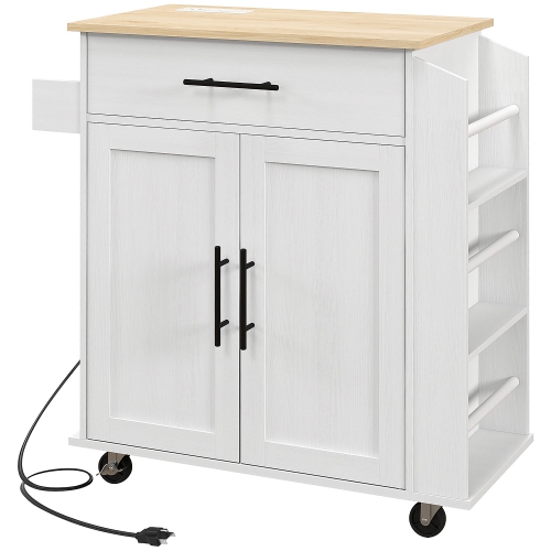 Image 1 of 9.. HOMCOM Kitchen Island on Wheels with Power Outlet, Rolling Kitchen Cart with Storage Drawer, Portable Microwave Stand with Cabinet, Towel Rack and