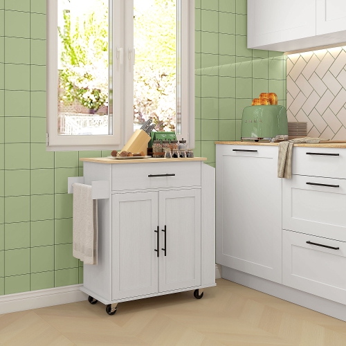 HOMCOM Kitchen Island on Wheels with Power Outlet, Rolling Kitchen Cart with Storage Drawer, Portable Microwave Stand with Cabinet, Towel Rack and