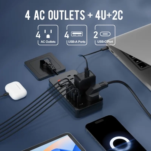 Barre d'alimentation multiprise 10-en-1 avec parasurtenseur, 4 prises c.a., 4 ports USB, 2 ports de type C, portative pour le bureau, maison, voyage,