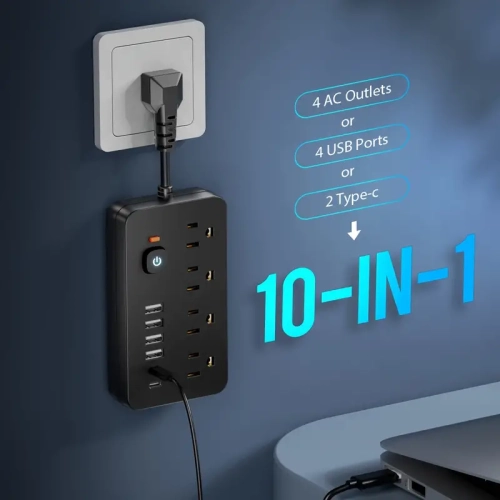 Barre d'alimentation multiprise 10-en-1 avec parasurtenseur, 4 prises c.a., 4 ports USB, 2 ports de type C, portative pour le bureau, maison, voyage,