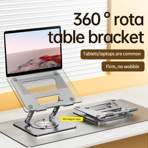 360° Rotating Laptop Stand, Height Adjustable, Solid Aluminum Base, Fits 10"-17" Laptops & Tablets, Silver