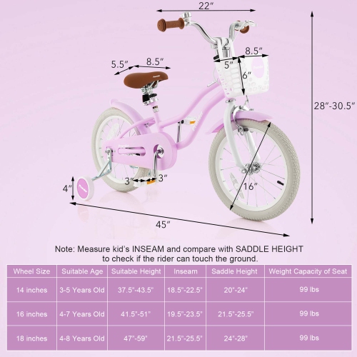Costway 16" Kids Bike Toddler Adjustable Bicycle withTraining Wheel for 4-7 Years Old Girl